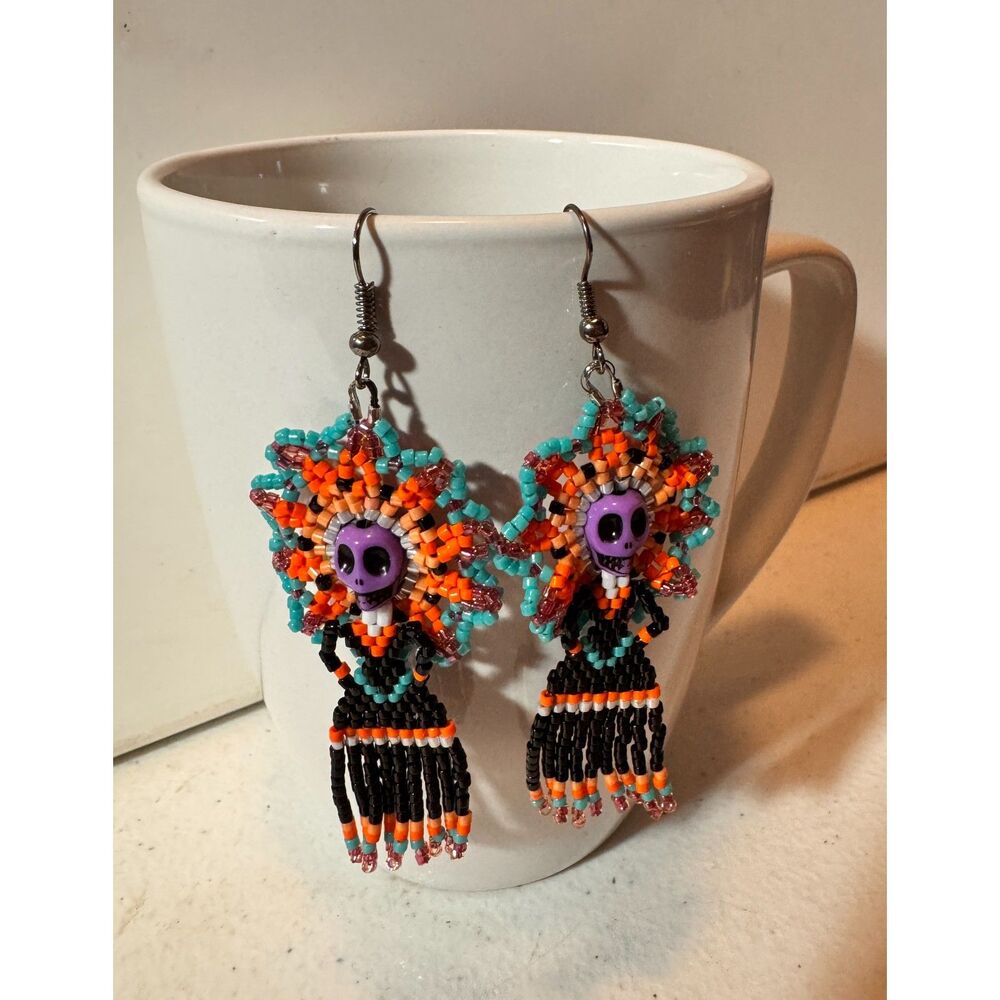 Purple Catrina Day of the Dead Earrings 3" Delica Beaded Dangly Sugar Skull